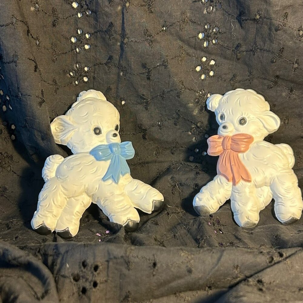 Homco Vintage Boy & Girl Baby Lambs Nursery Pink Blue Wall Art Decor Animal Pair